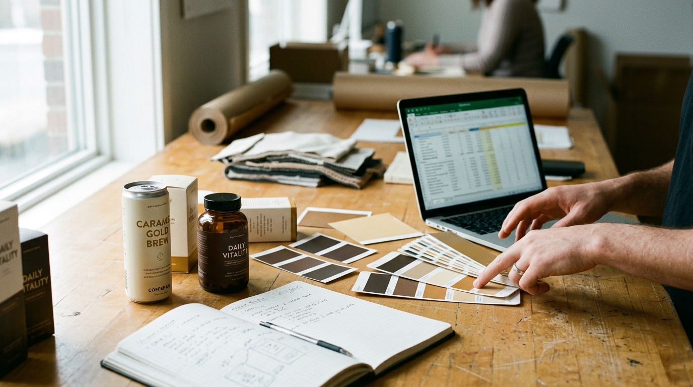 Inio Brands — operators at a wood worktable with prototypes, swatches, and a P&L on screen